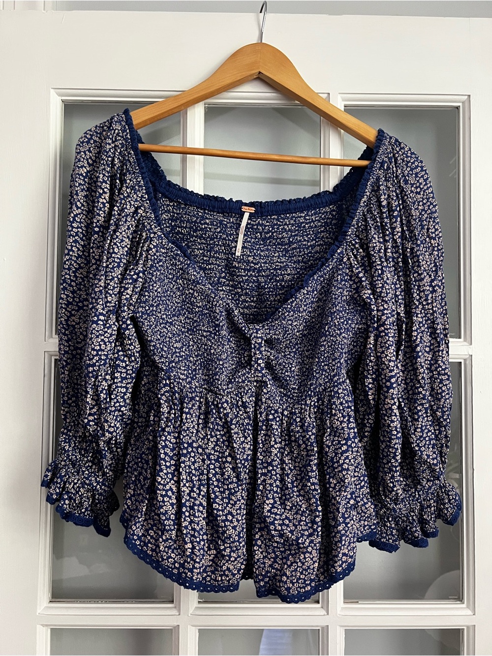 Free People Navy Blue Floral Peasant Top